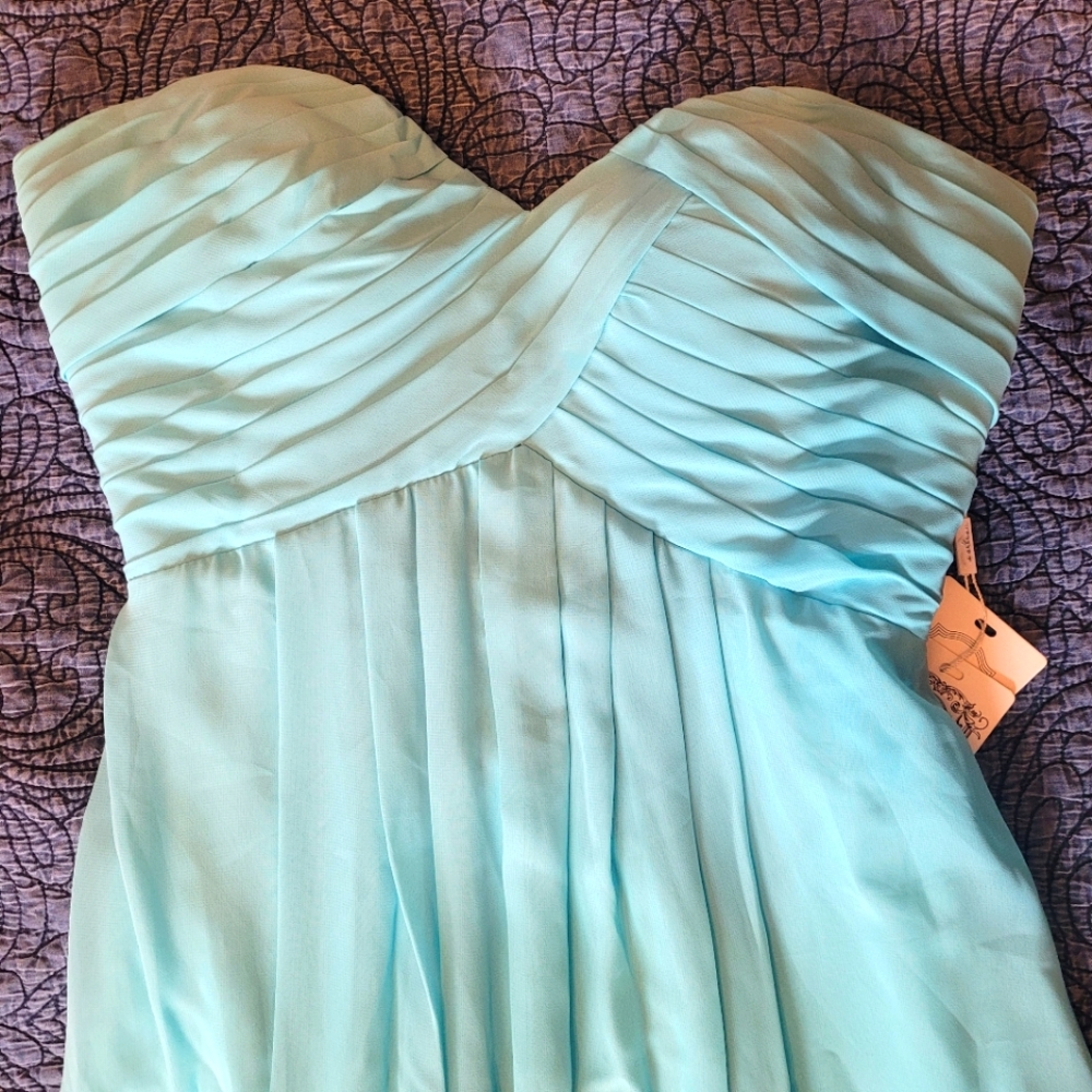 BRAND NEW Chiffon coralblue/teal formal dress, corset tie, built in bra size 10
